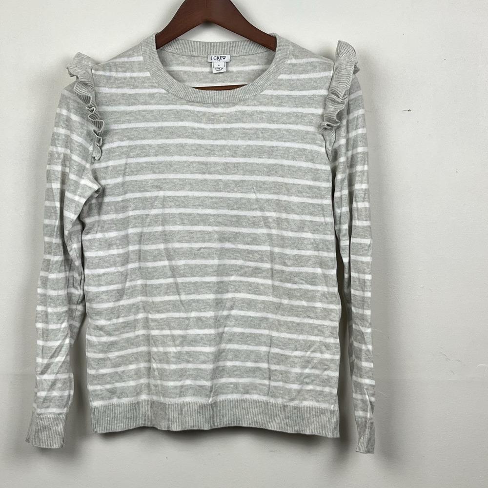J.Crew Ruffle Shoulder Striped Sweater S Grey White Preppy Casual